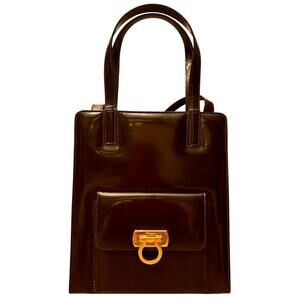 Salvatore Ferragamo Vintage Gancini Black Patent Leather Shoulder Bag Authentic